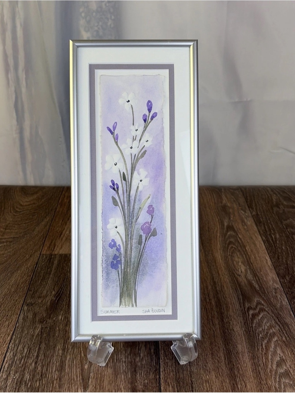 Sha Boudin Original Watercolor "Summer" Purple Floral Wall Art Framed 12" x 5"